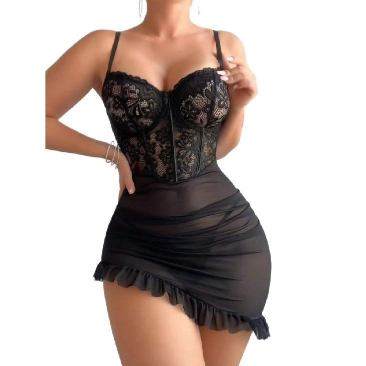 Plus Size Sexy Corset Bodycon Mini Dress Chemise Ruffle Lace Mesh Perspective Underwire Babydoll Lingerie Set 2 Piece with ThongGood product