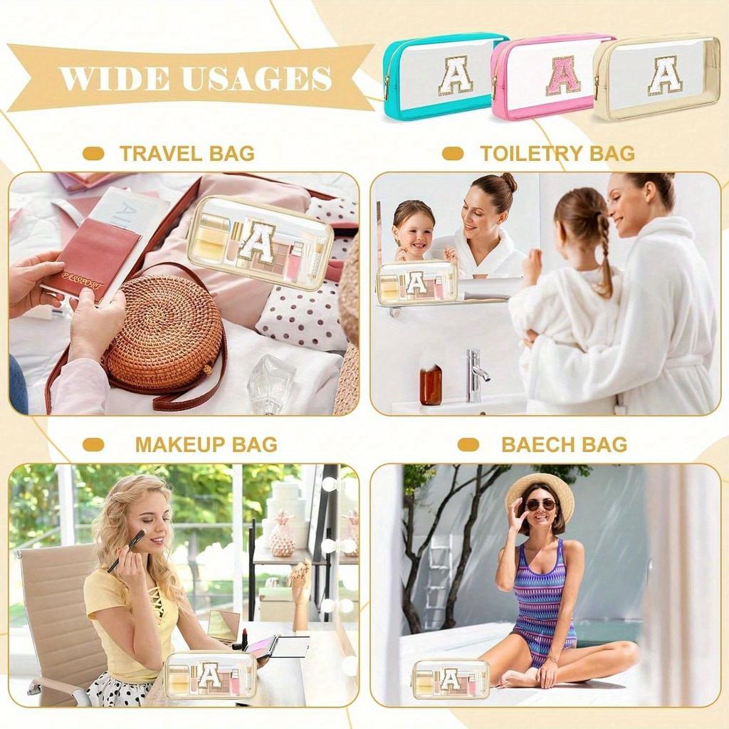 Маленькая прозрачная персонализированная косметичка с первой буквой, нашивка из шенилла A-Z, преппи нейлоновая косметичка на молнии, одобрено TSA