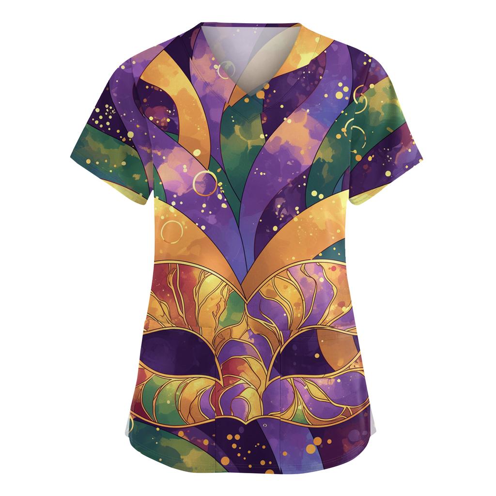 Женский модный рабочий топ с V-образным вырезом, принтом, короткими рукавами, карманом, боковым разрезом, базовый пуловер