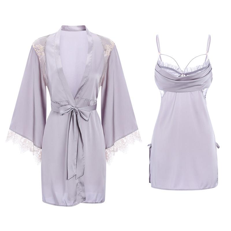 Women's Satin Lace Sheer Roll Neck Slit Cami Sleep Dress with Robe Lounge Set