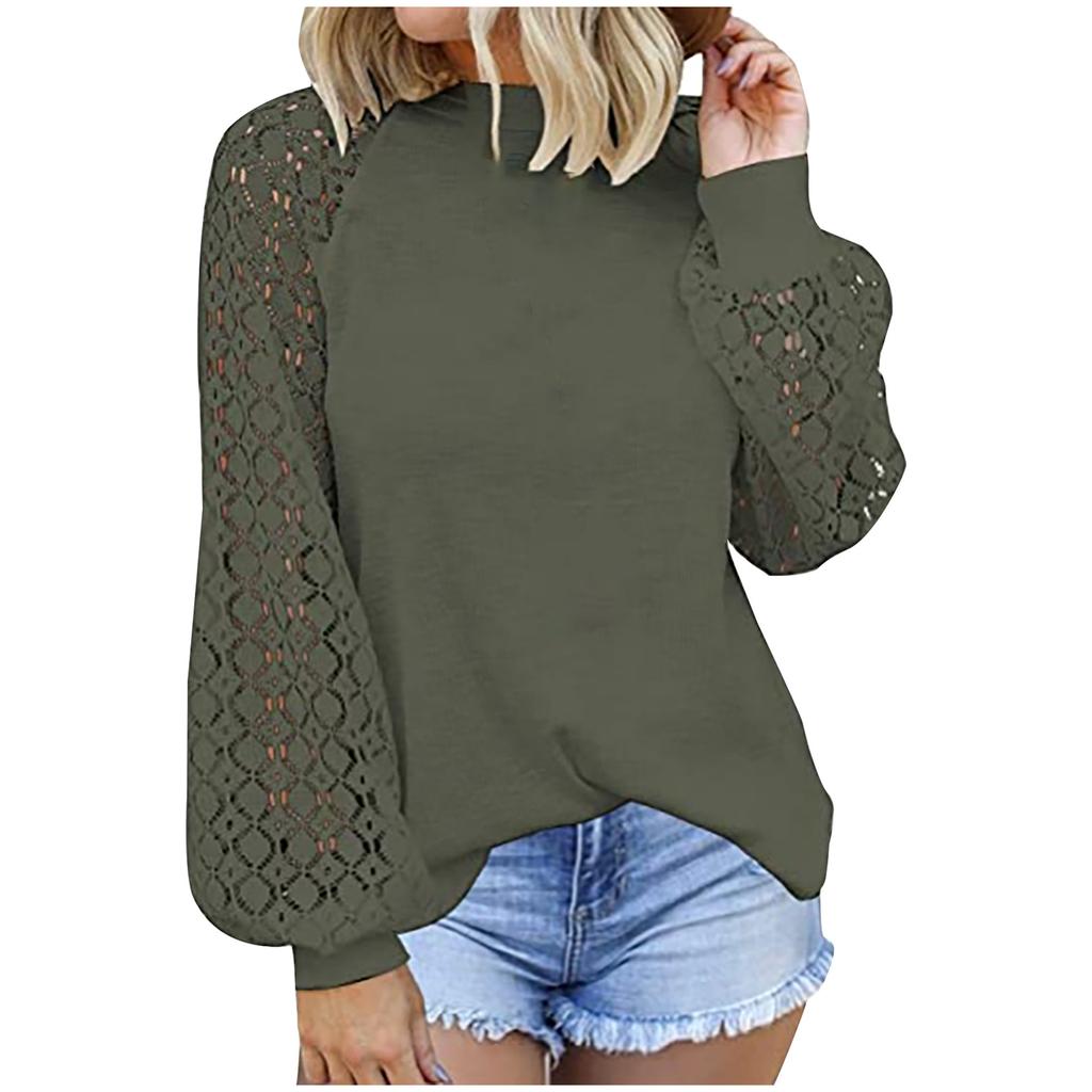 Женская мода с круглым вырезом и кружевом с длинным рукавом, повседневный свободный топ, пуловер