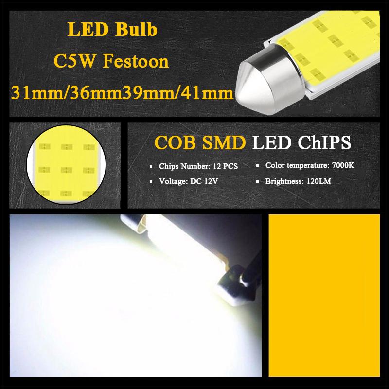 1 PCS Car C10W Festoon 31mm 36mm 39mm 41mm C5W LED Bulb COB 12V 7000K White Auto Interior Dome Reading Trunk Linse Plate Lamps