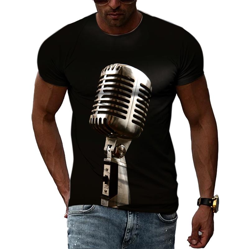 Summer Fashion Music Element Pattern T-shirt Hip-Hop Trend Microphone  Printing Tops Casual Novelty Men's Short Sleeved Clothing