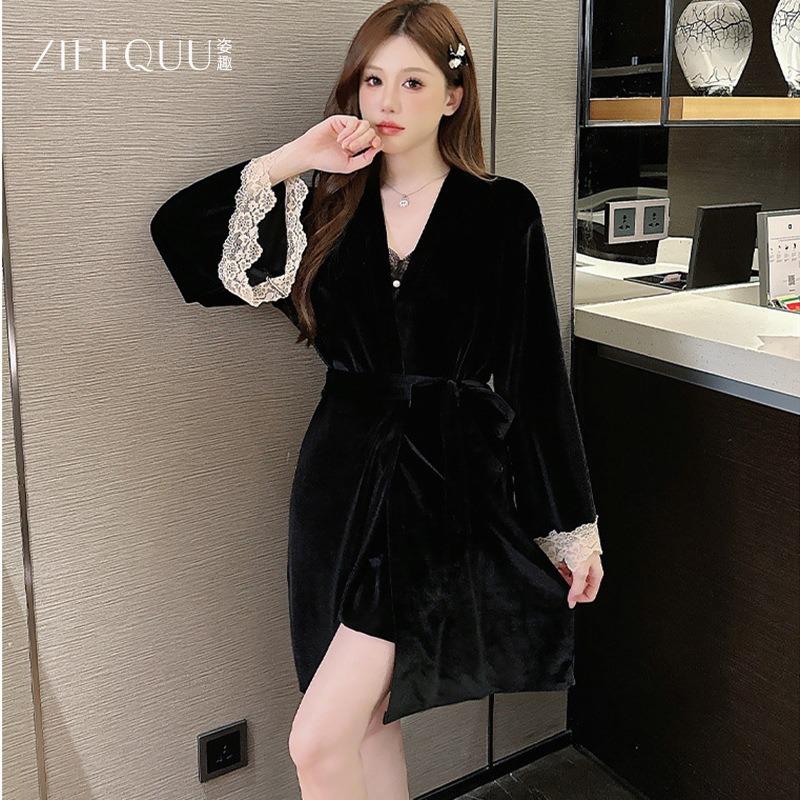 Winter Light Luxury Sexy Pajamas Girls Gold Velvet Suspender Lace Nightdress Robe Set Loungewear 7