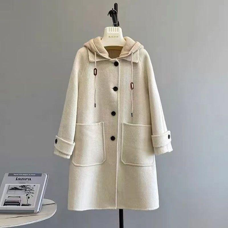 Женское шерстяное пальто с капюшоном большого размера - средней длины, свободного кроя, высококачественное повседневное для осени и зимы