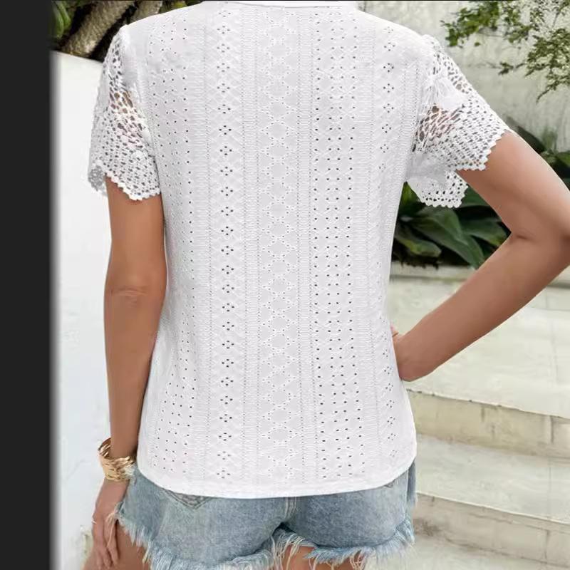 Summer Women's T-shirt with Sweet Lace Stitching Loose V-neck Short Sleeved T-Shirts Women’s