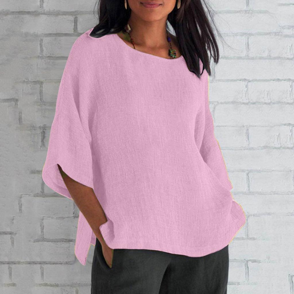 Women's Fashion Half Sleeve Round Neck Solid Colour Loose Casual Shirt Top