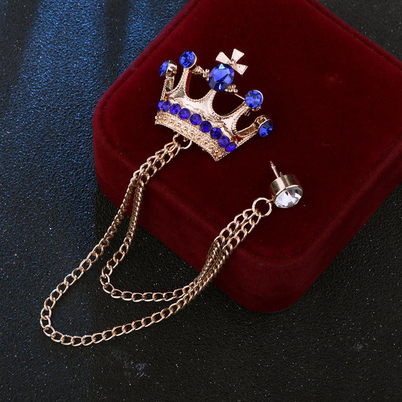 Crystal Men Brooch Pin Crown Fashion Collar Pins Suit Lapel Wedding Gift Jewelry Cross Chain