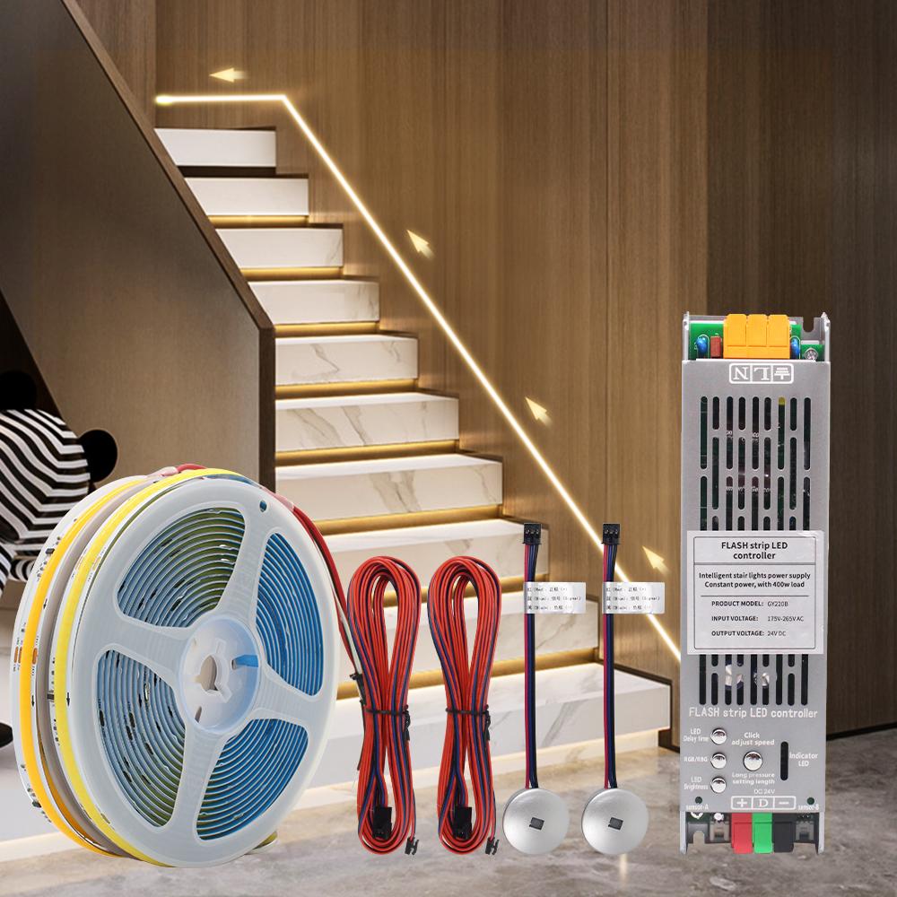 5M 10M 15M Sensor Motion Stairs LED Strip Light Kit 24V COB Water Flow Staircase Step Lighting for Interior Ladder Corridor Lamp