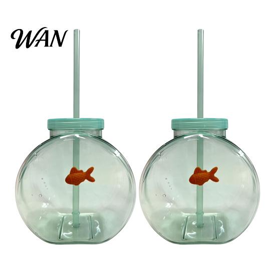 Orange Fish Straw Cup Bowl Bottle with Straw, Plastic Fishbowl Tumblers Lids, Unbreakable Ornament Cups Spill Resistant for Drinks Summer Drink,