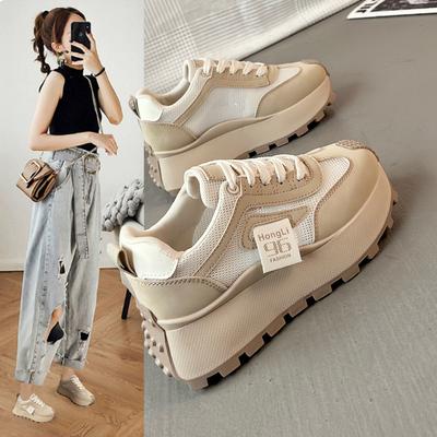 Массивные Осенние Новые Женские Туфли Csaual Беговые Кроссовки Модные На шнуровке Лоскутные Кожаные Кроссовки Вулканизированная Обувь Chaussure Femme