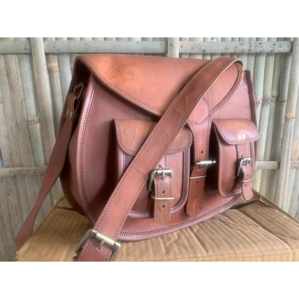 New Vintage Saddle Bag Genuine Goat Leather Brown Messenger Shoulder Big Capacity