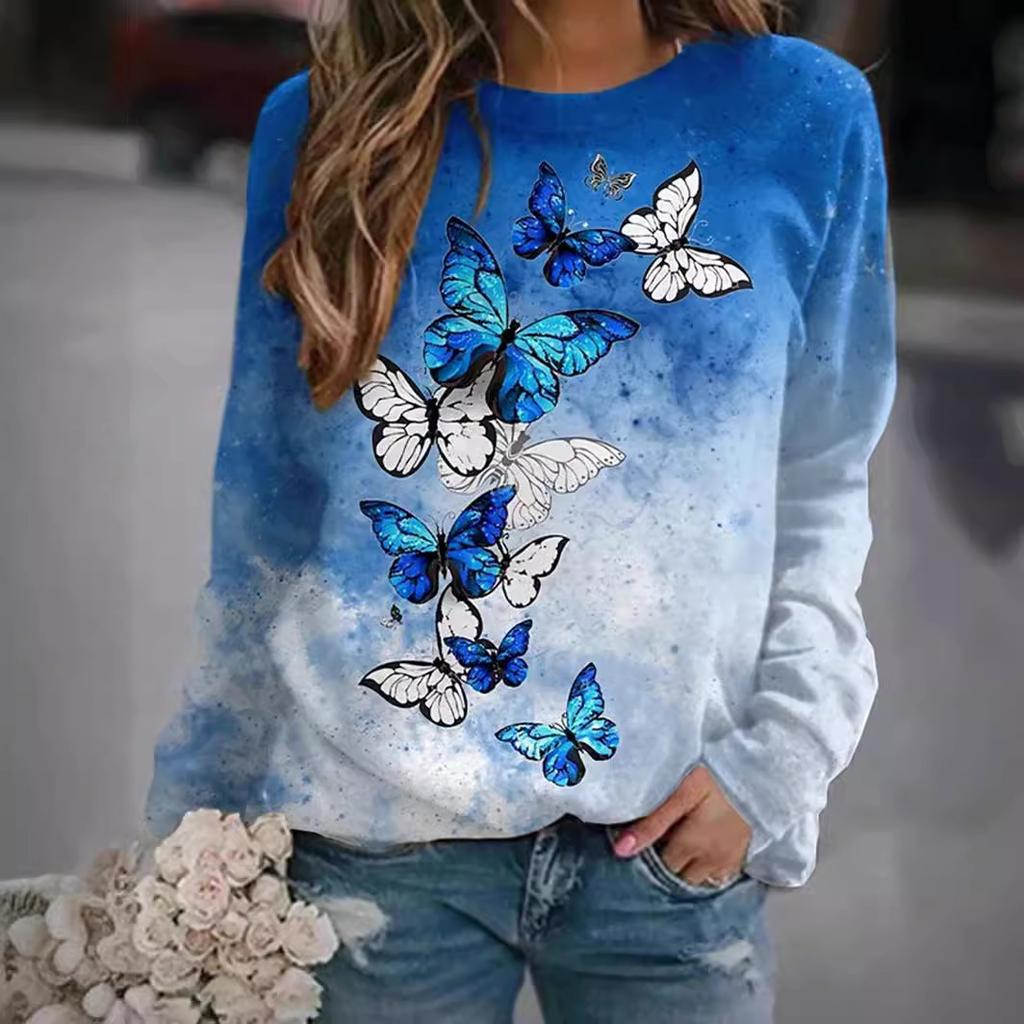 Новая осенне-зимняя женская толстовка с круглым вырезом, короткими и длинными рукавами, с цветочным, бабочковым и животным принтом