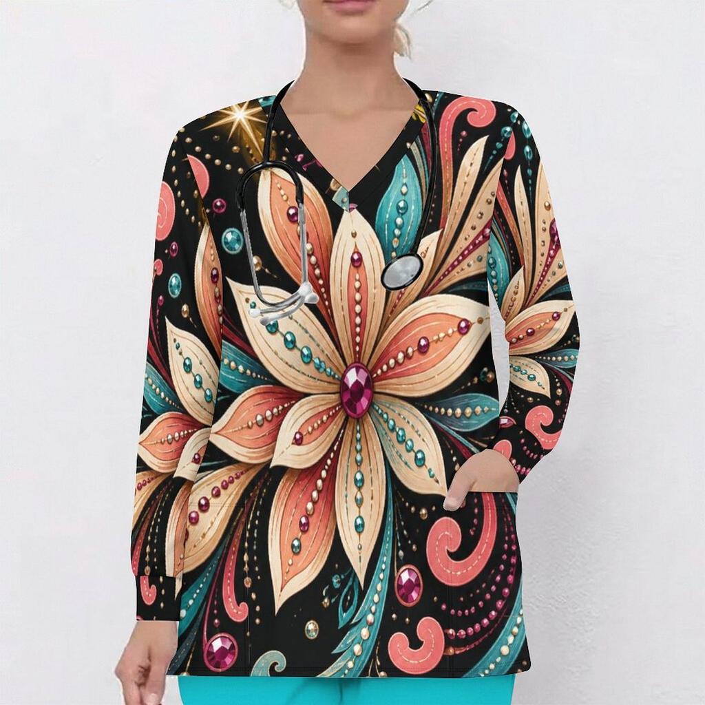 Women Plus Size Black Floral Printed V Neck Long Sleeve Scrub Top With Front Pockets
