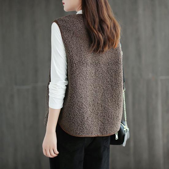 Осень-зима Женский жилет Пальто флисовый однобортный с V-образным вырезом и двумя карманами Кардиган без рукавов Однотонный повседневный офисный жилет