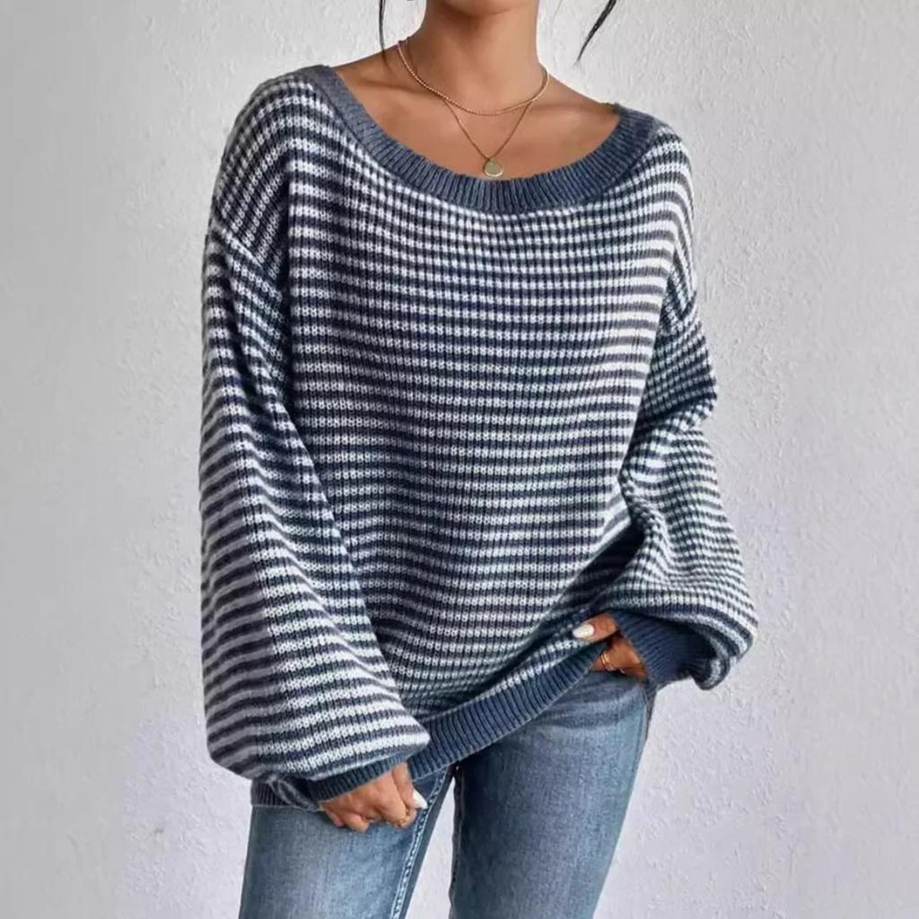 Versatile Knitted Top One-Row Neck Lace-Up Style Sweater Loose Fit Striped Lantern Sleeve Tops