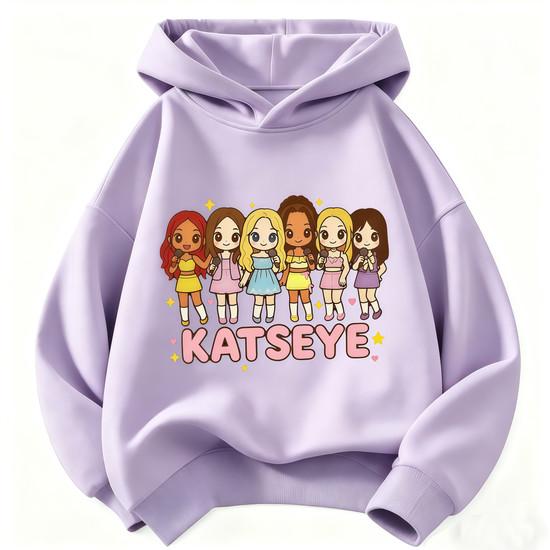 Детская толстовка с капюшоном KATSEYE с мультяшным персонажем, толстовка с длинным рукавом и капюшоном для девочек, пуловер с групповым принтом, повседневные уличные топы для детей