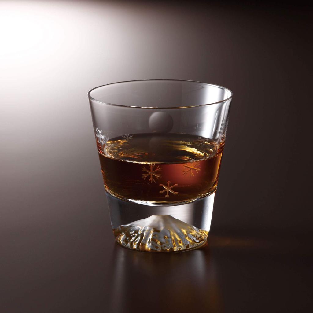 Tajima Glass Edo Glass Fuji Glass Rocks Glass In Wooden Box and Mt. (Moon Snowflake)