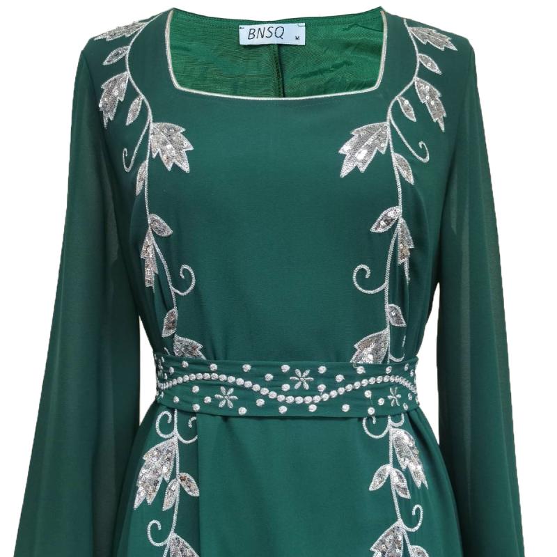 Luxury Women's Embroidered Dress for Muslim Parties, Waist Tied and Slim Fitting Long Style
