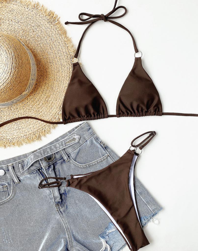 Women's Solid Color Split Swimsuit Triangle Back Tie Bikini Set