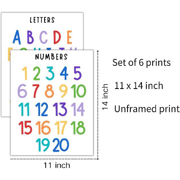 Образовательные плакаты для малышей и детей – 11"×14" Алфавит, Цифры, Цвета, Формы, Дни недели и Месяцы – Обучающие настенные диаграммы