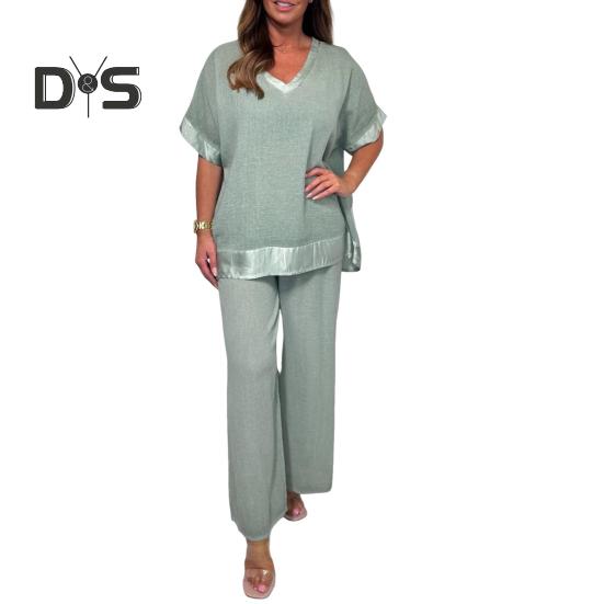 Женский повседневный комплект из двух частей, большой размер, топ с V-образным вырезом и короткими рукавами, широкие брюки, летний свободный комплект для отдыха