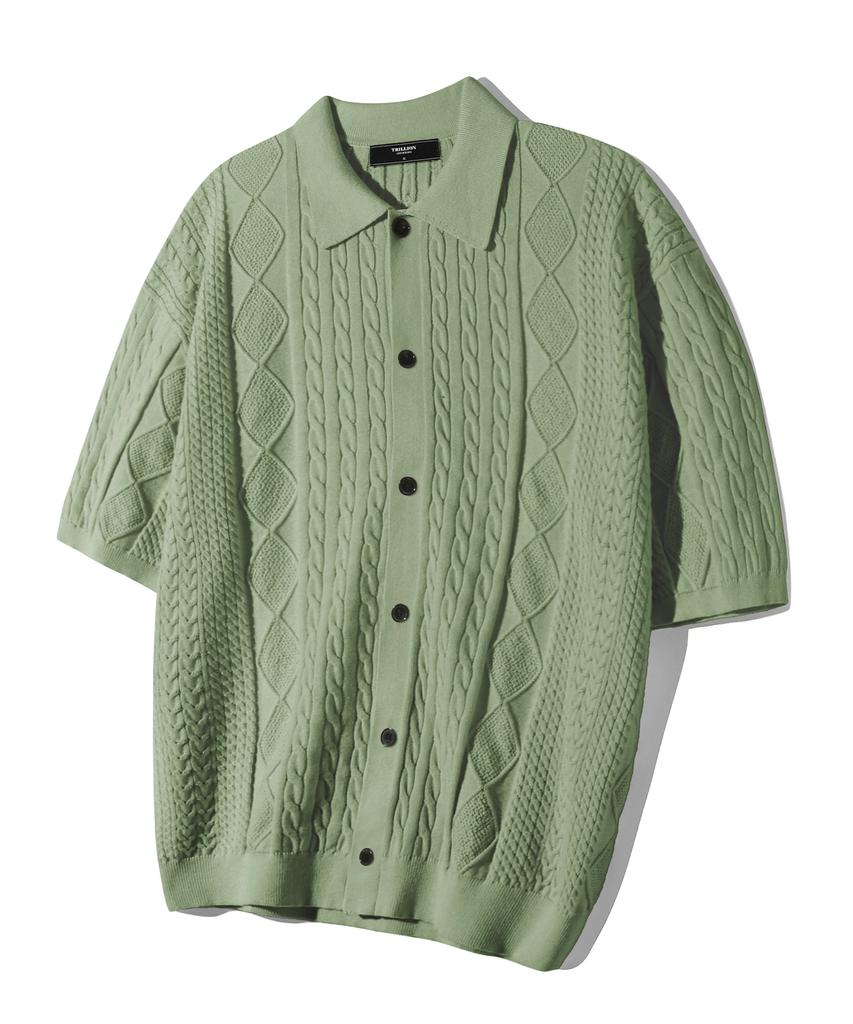 TRILLION Washable Cable Half Sleeve Button-Up Knit (Light Green)