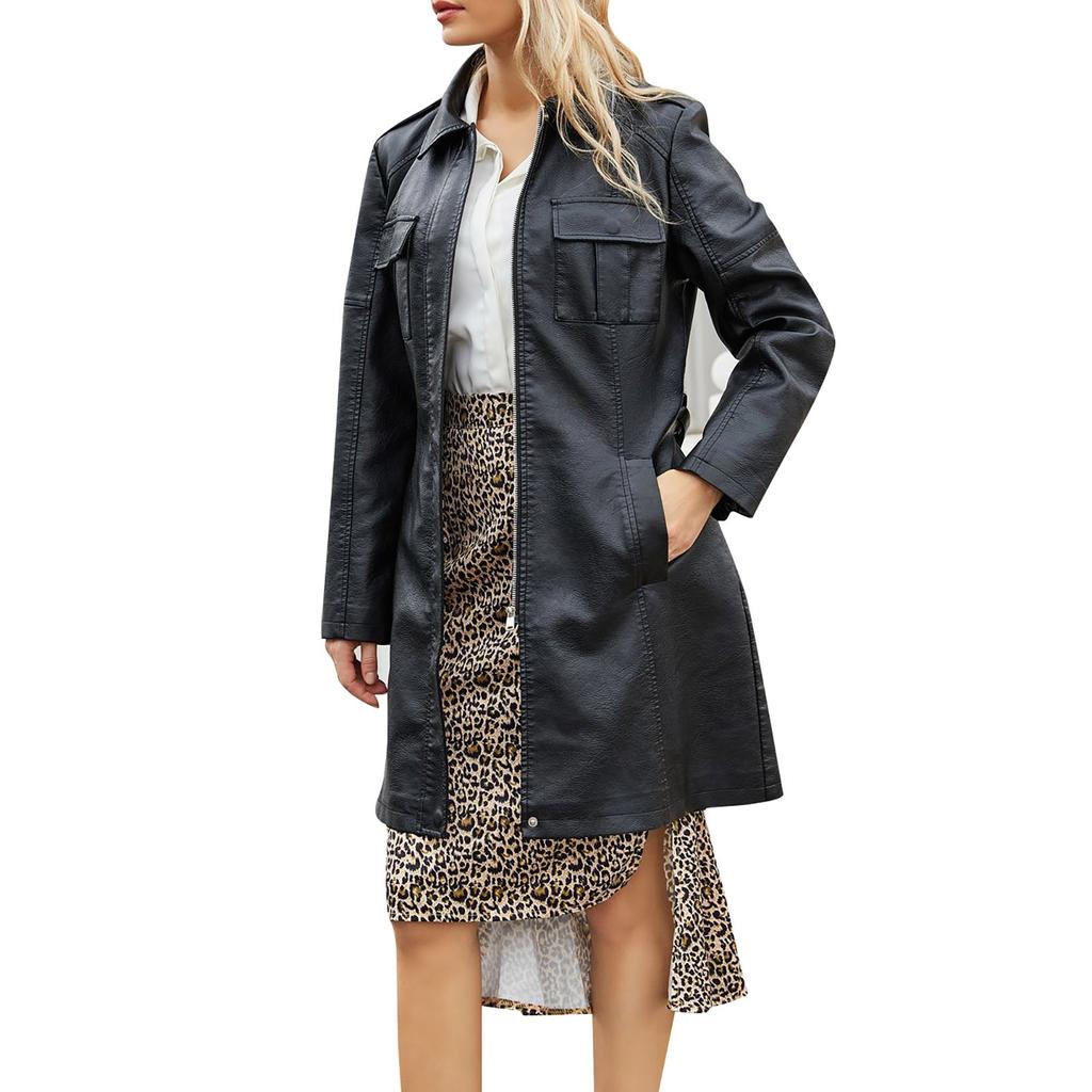 New Mid Length Leather Jacket With Waistband Women's Long Sleeved Leather Trench Coat Fashion British Coat