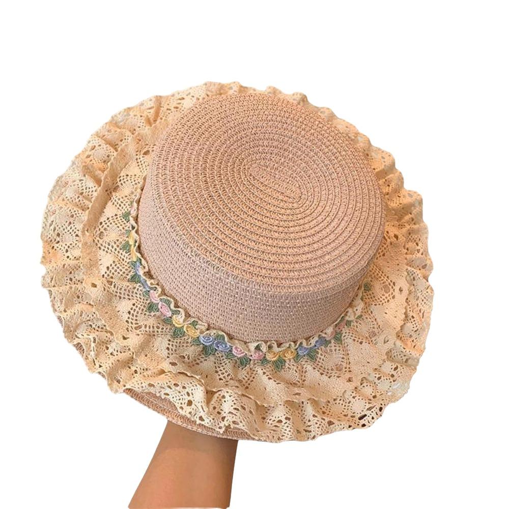 Flat Top Lace Floral Brim Cap Japanese Style Women's Sun Hat Simple Straw Woven Top Hat  Beach