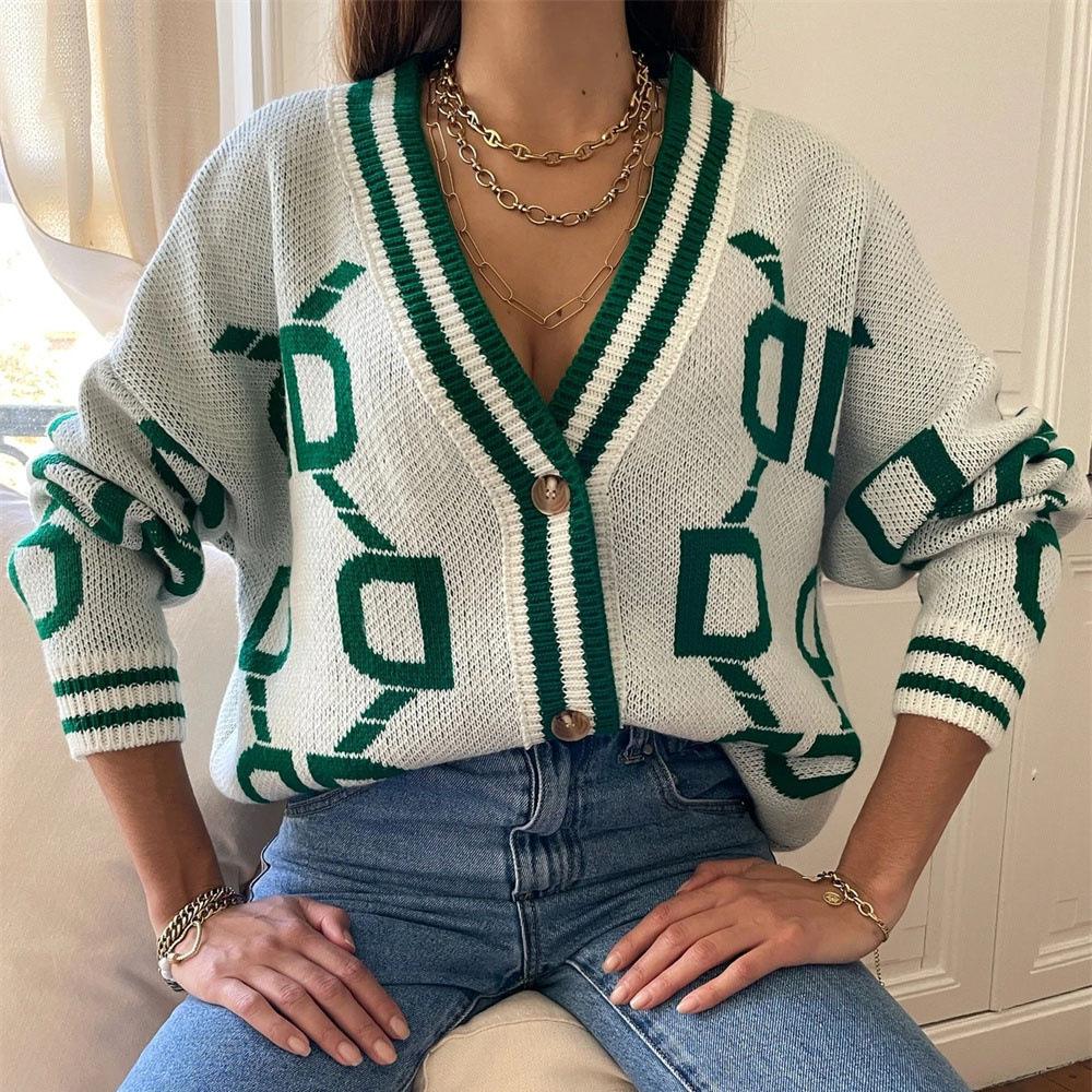 Women Autumn Winter Vintage Loose Long Sleeve Top Multicolor Cardigan Knitwear V-Neck Single Breasted Buckle Sweater Jacket