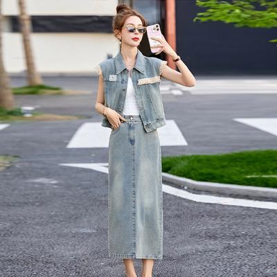 Европейский стиль Кружевная вставка Жилет Костюм Женская Летняя Одежда Новый Дизайн Мода Фрай Стрит Юбка из двух частей