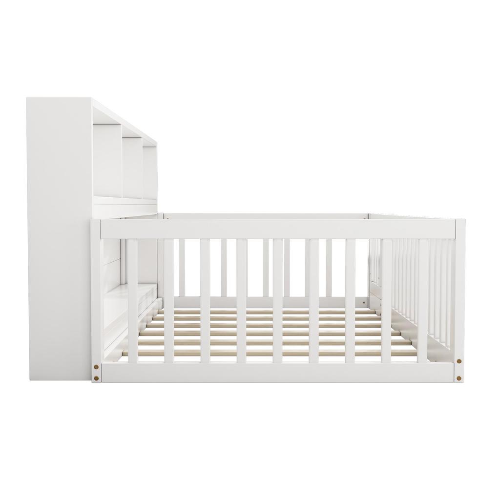 Kinderbett 90x200 Bodenbett Staufach Brüstung Türen Funktionsbett Holzbett Lattenrost Tagesbett Jugendbett Kiefernholz ohne Matratze weiß