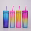 Gradual Change Color Rainbow Color Water Cup Straight Skinny Double Layer Plastic Cup Color Straw Cup