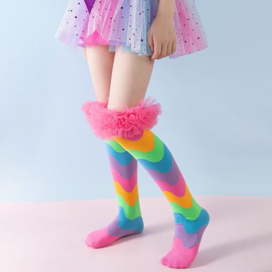 Детские радужные гольфы до колена, красочные гольфы до колена, забавные носки для сапог для девочек с тюлевой оборкой для маскарадных вечеринок, праздничных мероприятий