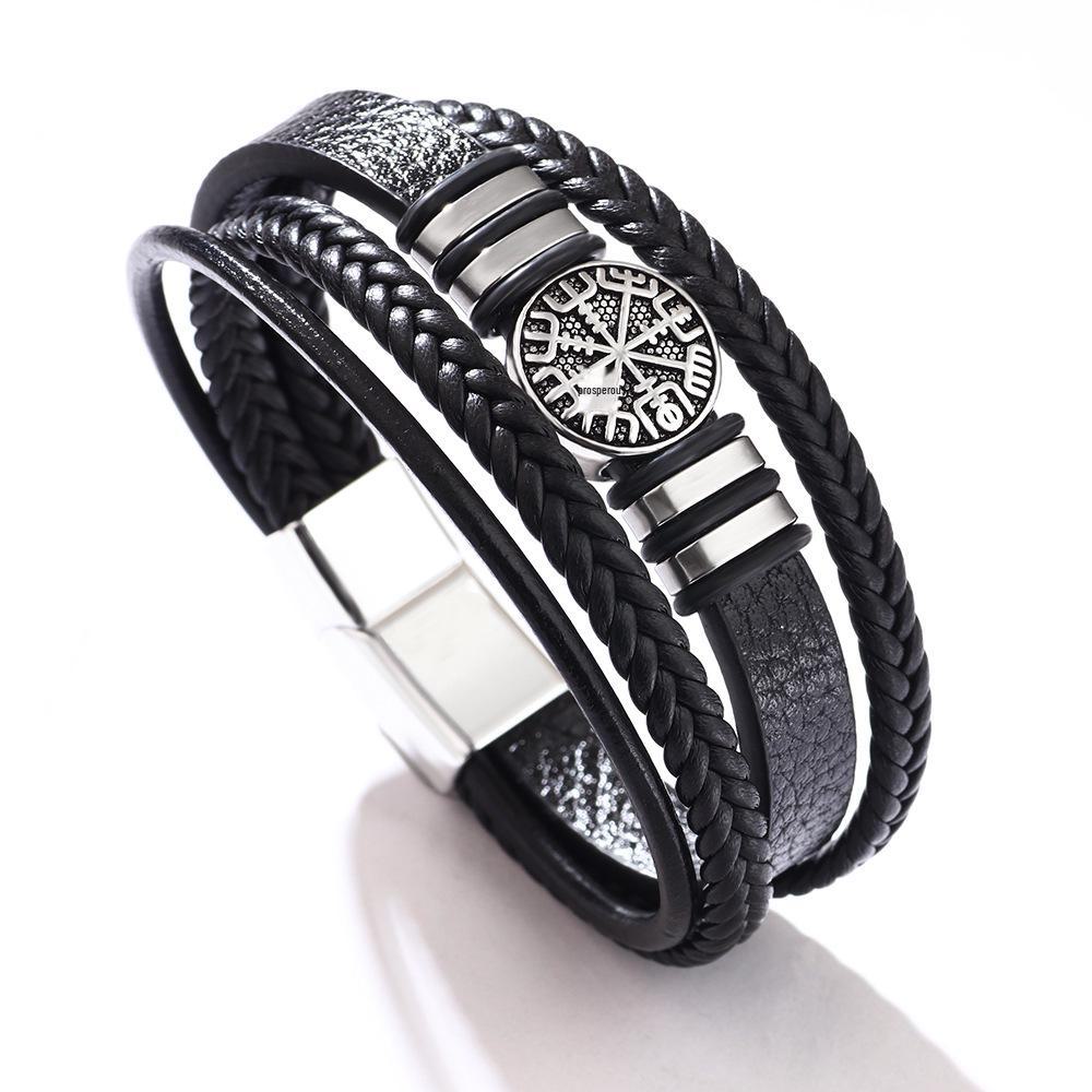 Multi-layer Punk Style Braided Leather Bracelet with Compass