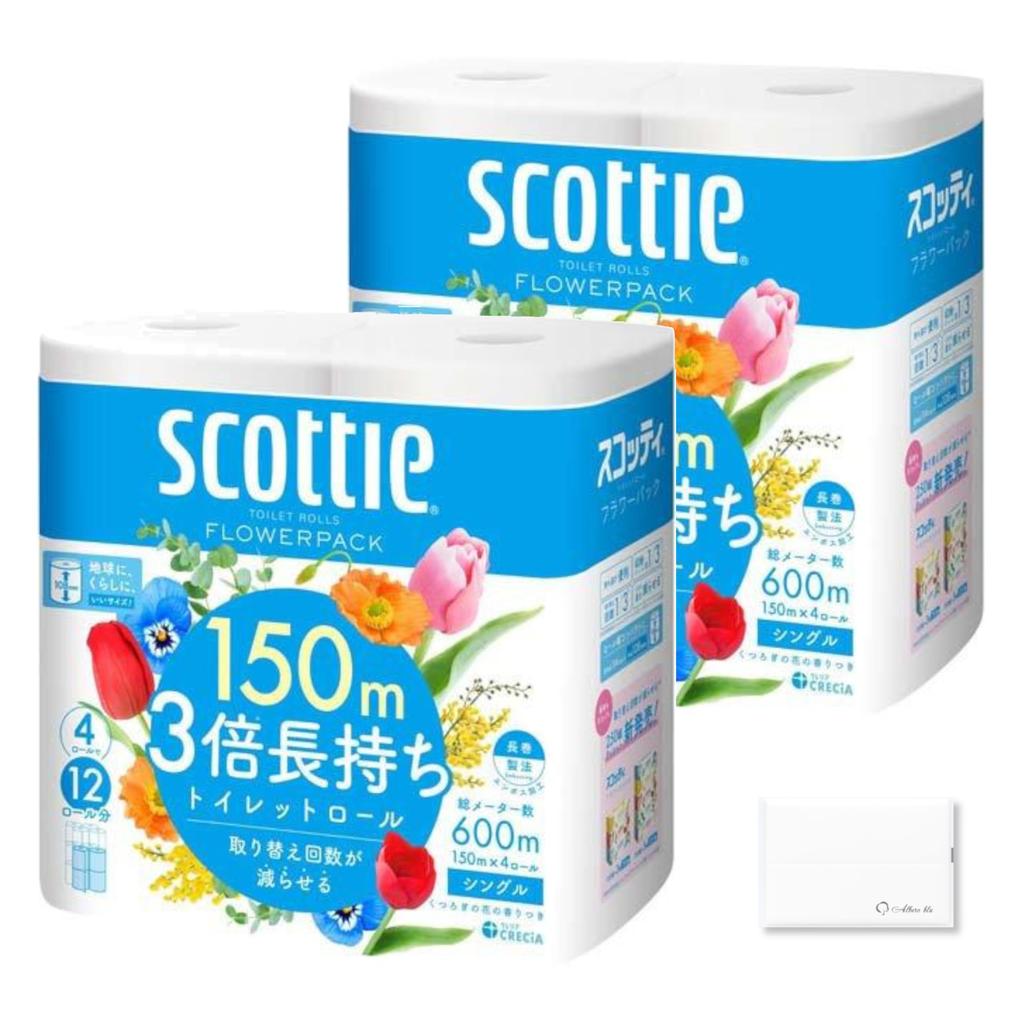 Цветок туалетной бумаги Scottie в 3 раза длиннее, Однослойная, 4 рулона x 2, в упаковке Scottie для оптовой покупки, Долговечный, (150м Мешки) Ткани,