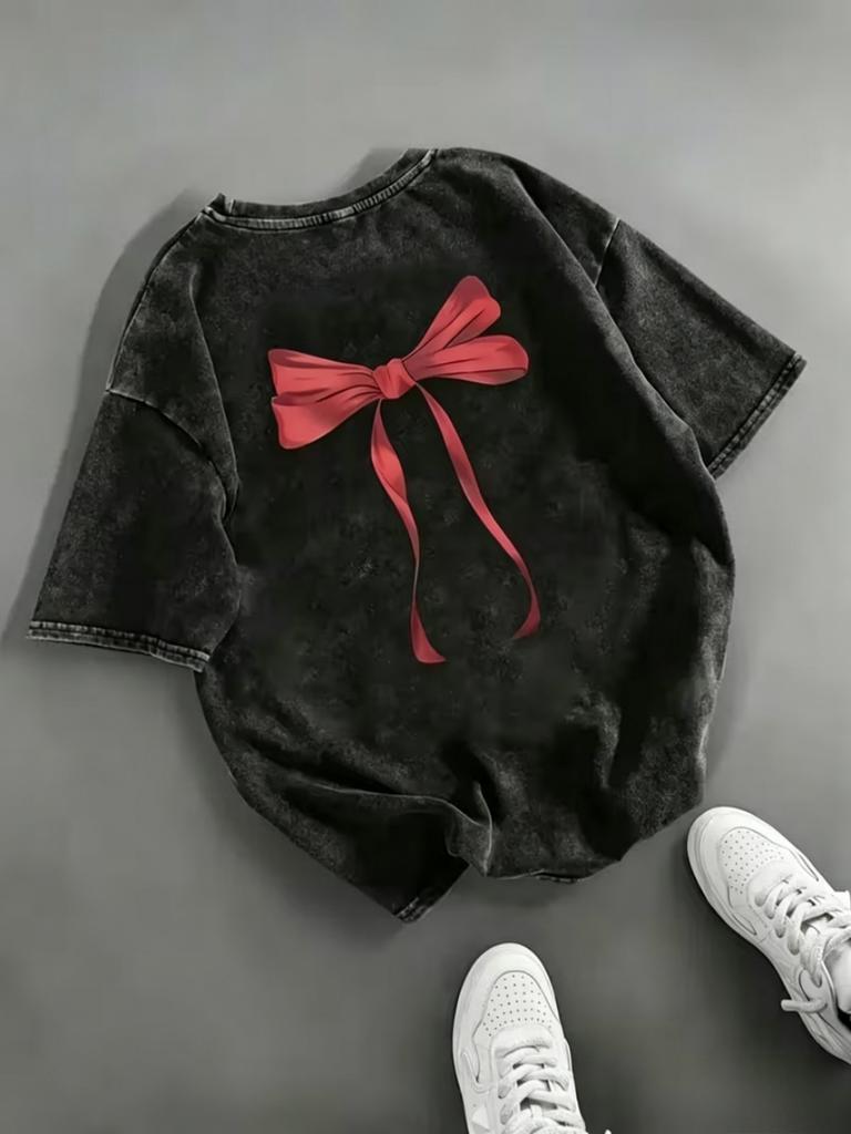 Pink Bow Knot Ribbon Graphic TShirt Relaxed Retro Washed Tee For Women Travel Daily Vacation Stylish Casual Street Looks