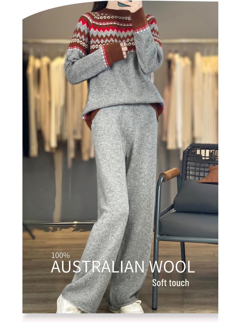 Женский шерстяной свитер в этническом стиле аргайл и комплект длинных брюк - Осенне-зимняя мода
