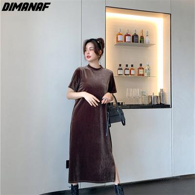 Женское осеннее платье 2022, однотонное элегантное длинное платье, свободное платье, тонкие платья с круглым вырезом