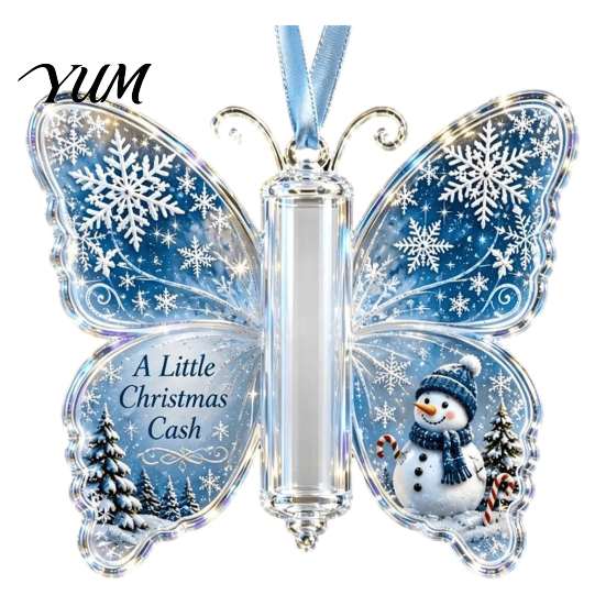 Acrylic Cash Display Christmas Gift Ornament, Butterfly Money Holder with Built?in Present Clear Compartment, Holiday Hanging Ornament for