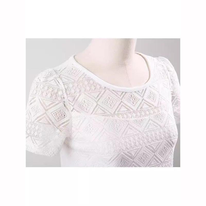 Женская кружевная блузка с ажурной вышивкой, белая элегантная блузка, летняя модная блузка с круглым вырезом и коротким рукавом, милая шикарная блузка