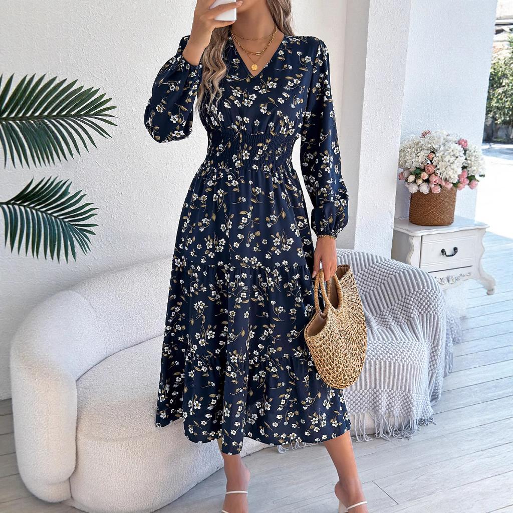 QICED Элегантный V-образный вырез, Длинные рукава, Приталенный силуэт, Юбка А-силуэта с оборками Женская одежда для осени и зимы