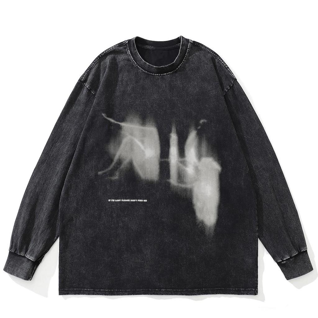 Футболка Streetwear Shadows Graphic Washed Black, хлопковая, унисекс, большие размеры, длинные рукава, футболка