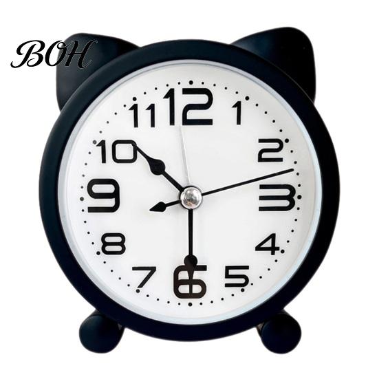 Silent Movement Desk Clock Cat Ear Alarm for Kids, Non-Ticking Metal Analog Small Clock, Battery Powered Home Office Decor Easy to Read