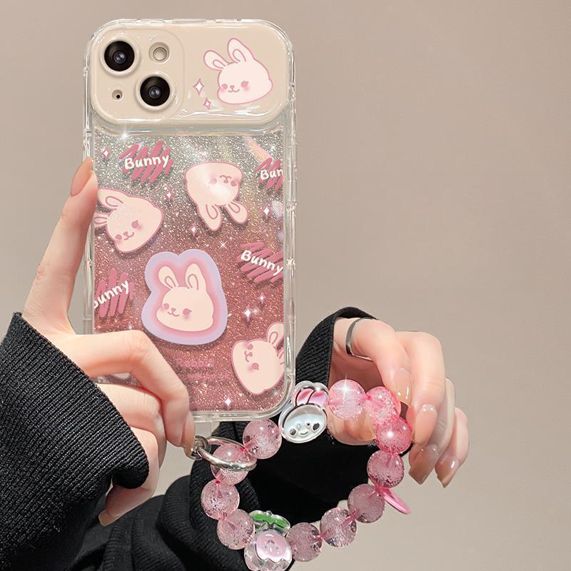 Подходит для Apple 14 Promax Чехол для мобильного телефона iPhone 13 Cute Rabbit Flip Mirror Hanging Chain 12 Прозрачный силикон