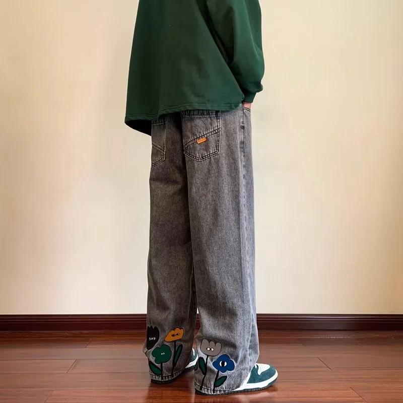 Мужские мешковатые джинсы Y2K с цветочным принтом, уличные американские повседневные джинсовые брюки, прямые брюки Hombre Vintage