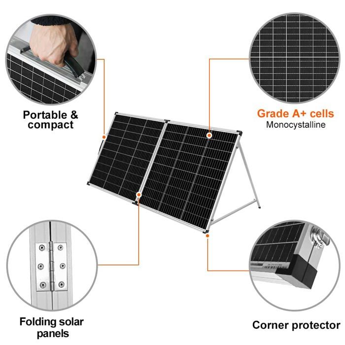 Dokio panneau solaire portable 200w monocristallin avec regulateur de charge recharge des batteries 12v et des generateurs