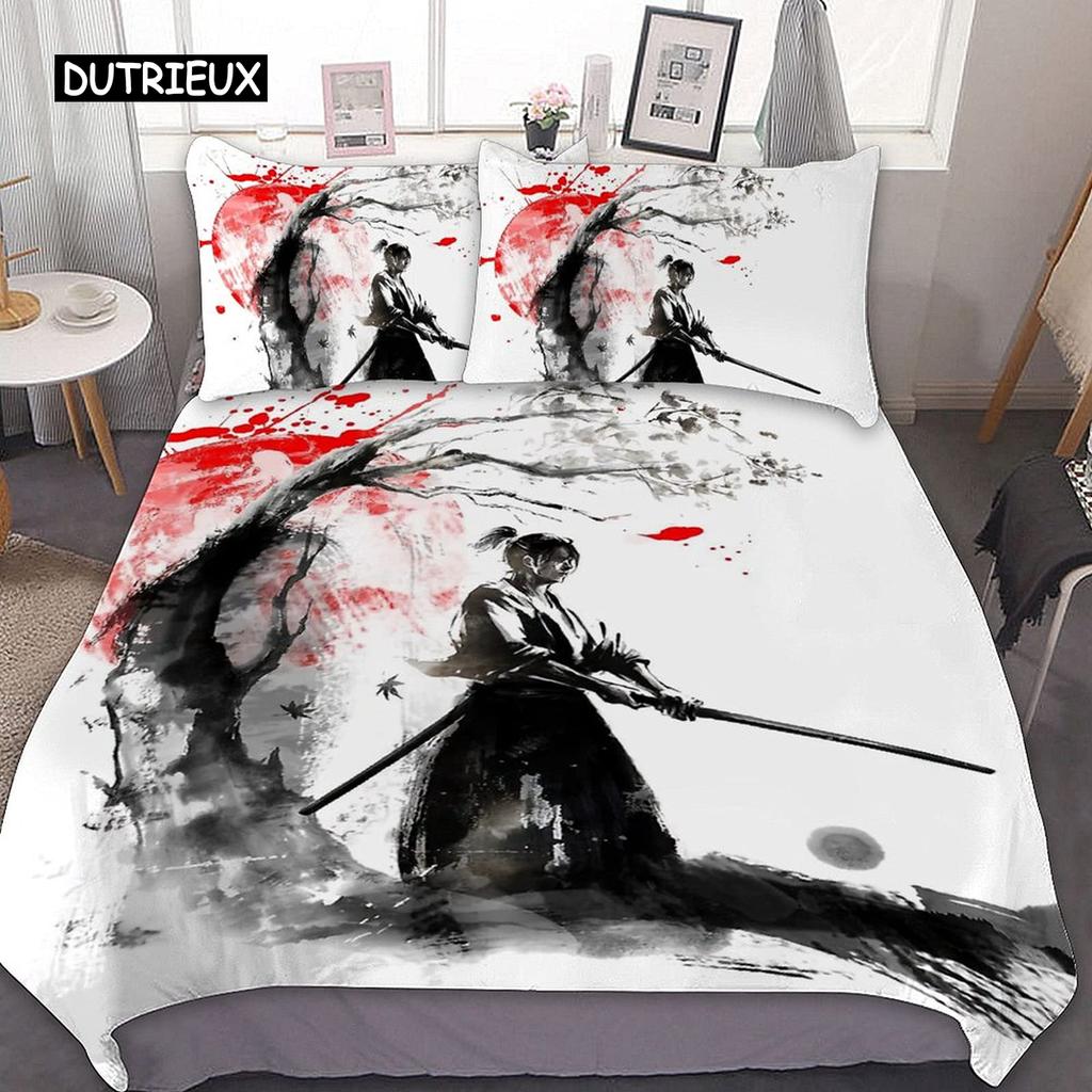 Samurai Duvet Cover Set Sunset Japanese Samurai Quilt Cover Scenery Silhouette Comforter Cover King Size 2/3pcs Twin Bedding Set