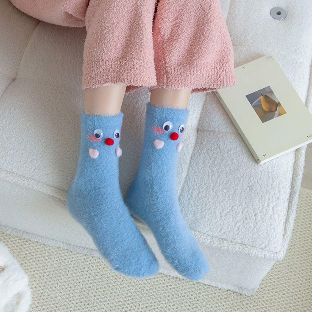 Cute Eyes Plush Dot Socks Soft Thicken Warm Socks Ins Mink Fur Socks  Girls