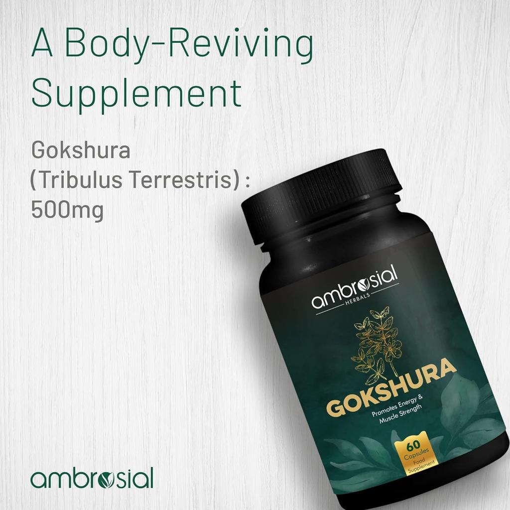AMBROSIAL Gokshura Таблетки Tribulus Terrestris Высокая концентрация Gokshura 500 мг Каждая капсула (Упаковка 1-60 капсул)